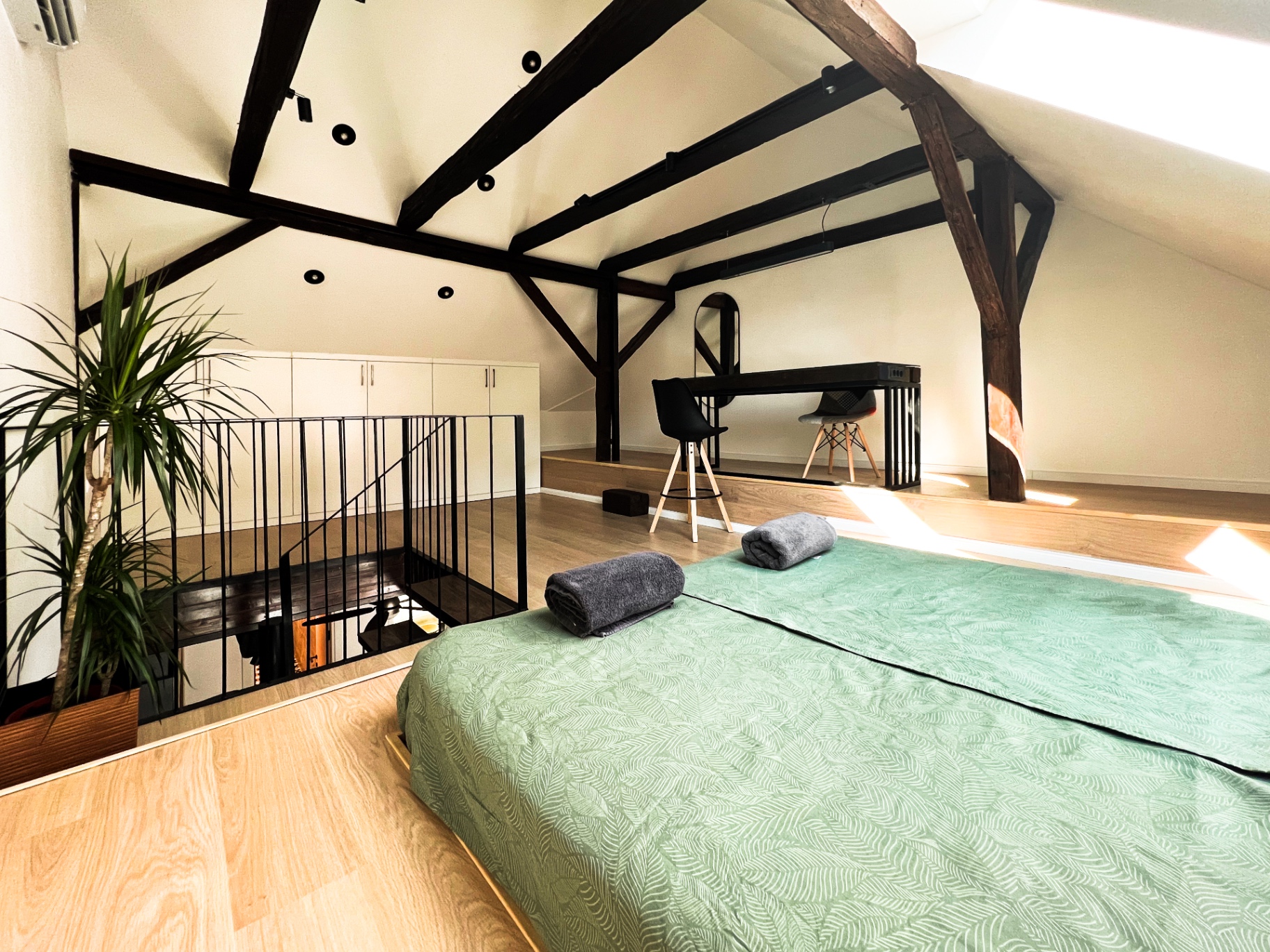 Upper level bedroom under a skylight